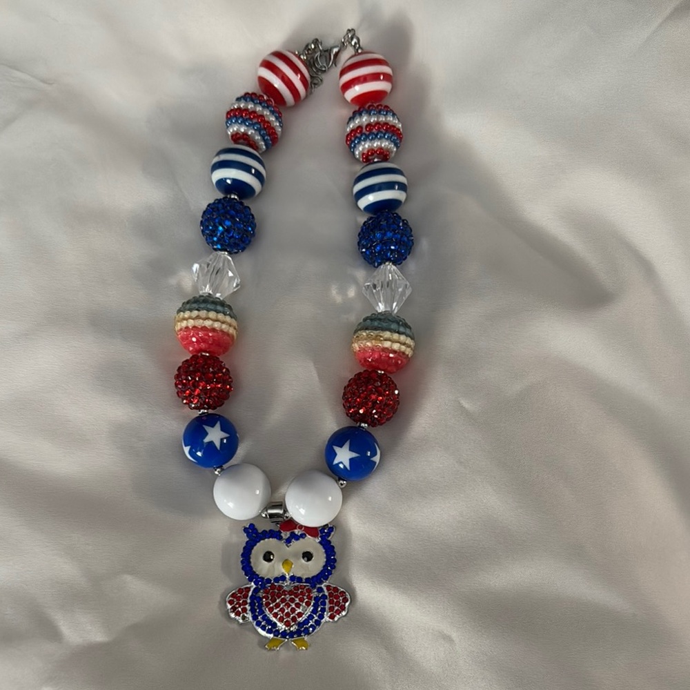 Red and Blue Beaded Owl Necklace Jewelry